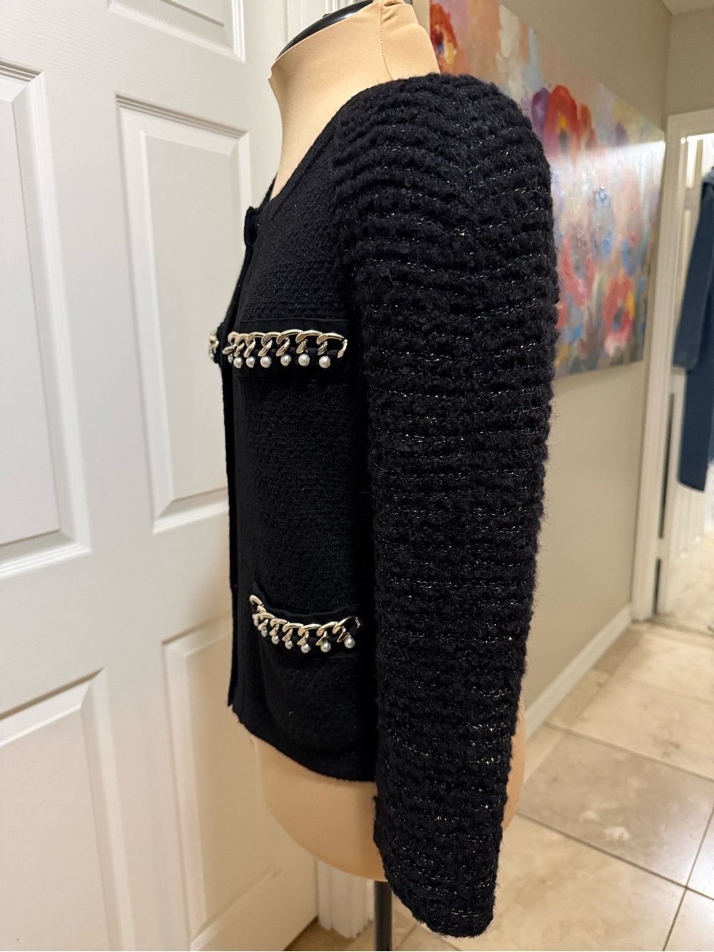 ST JOHN COUTURE Black Knit Jacket with Gold Chain Detail - Picture 3 of 8
